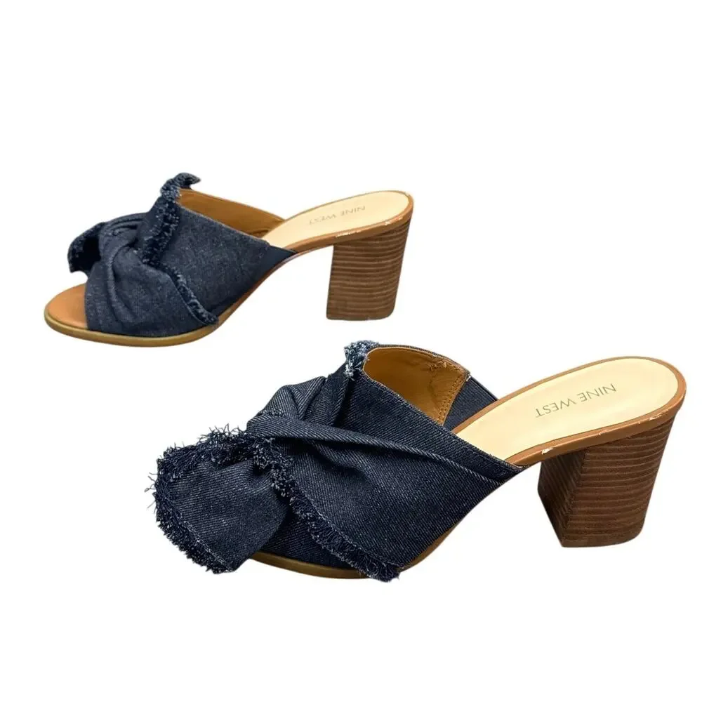 Nine West Byron Denim Fringe Bow Slide Block Heel Sandals Women 10